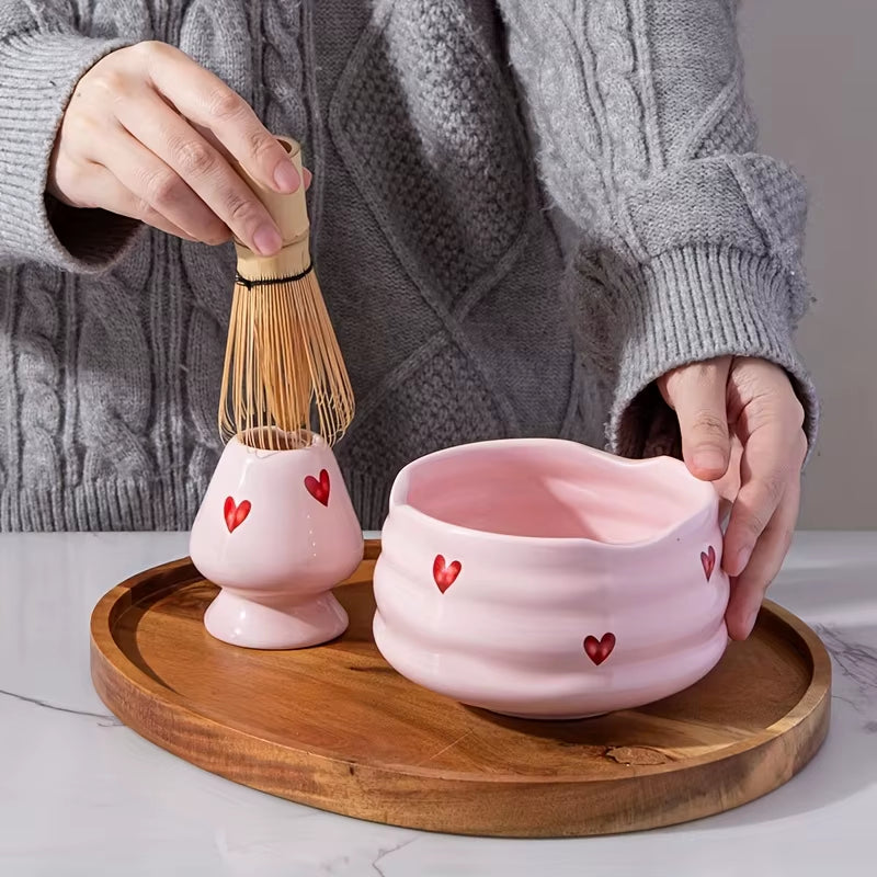 5Pcs Pink Heart Decal Ceramic Matcha Set, Cute Matcha Set Includes Matcha Bowl, Matcha Whisk and Holder, Bamboo Scoop, Sifter