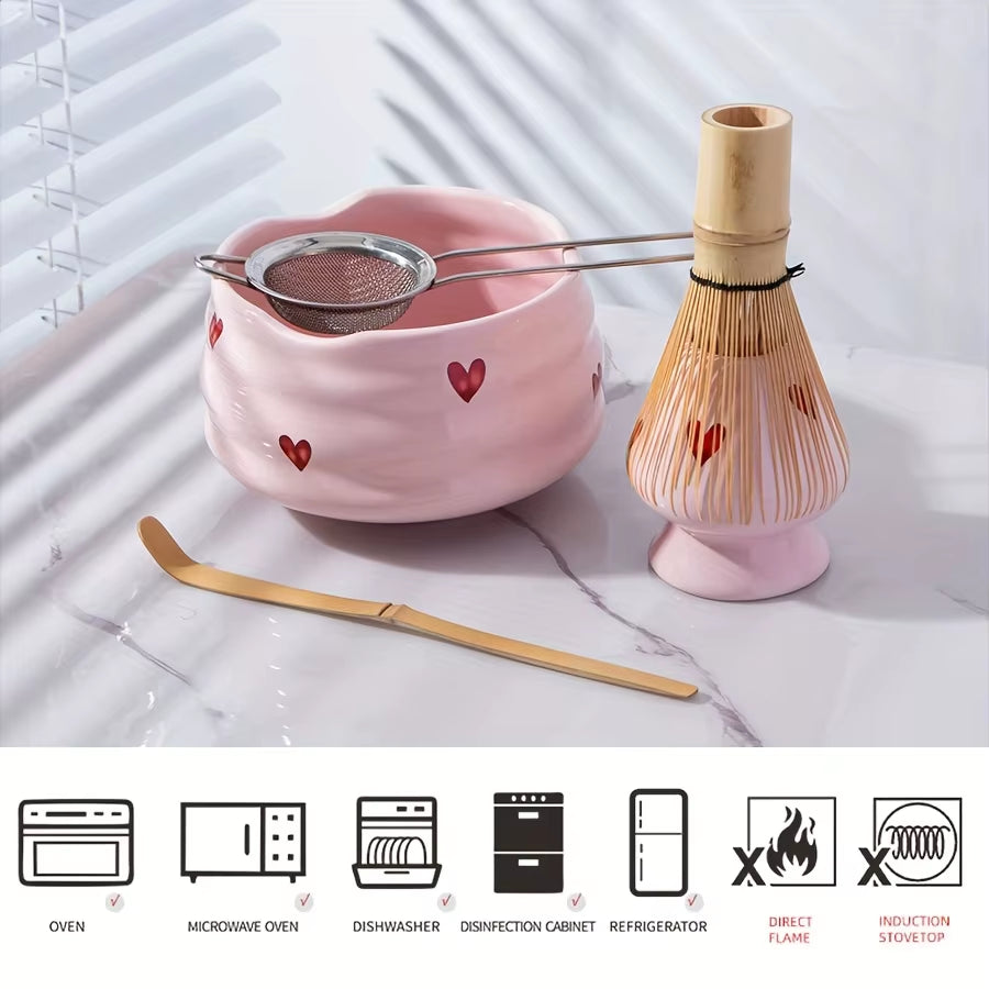 5Pcs Pink Heart Decal Ceramic Matcha Set, Cute Matcha Set Includes Matcha Bowl, Matcha Whisk and Holder, Bamboo Scoop, Sifter